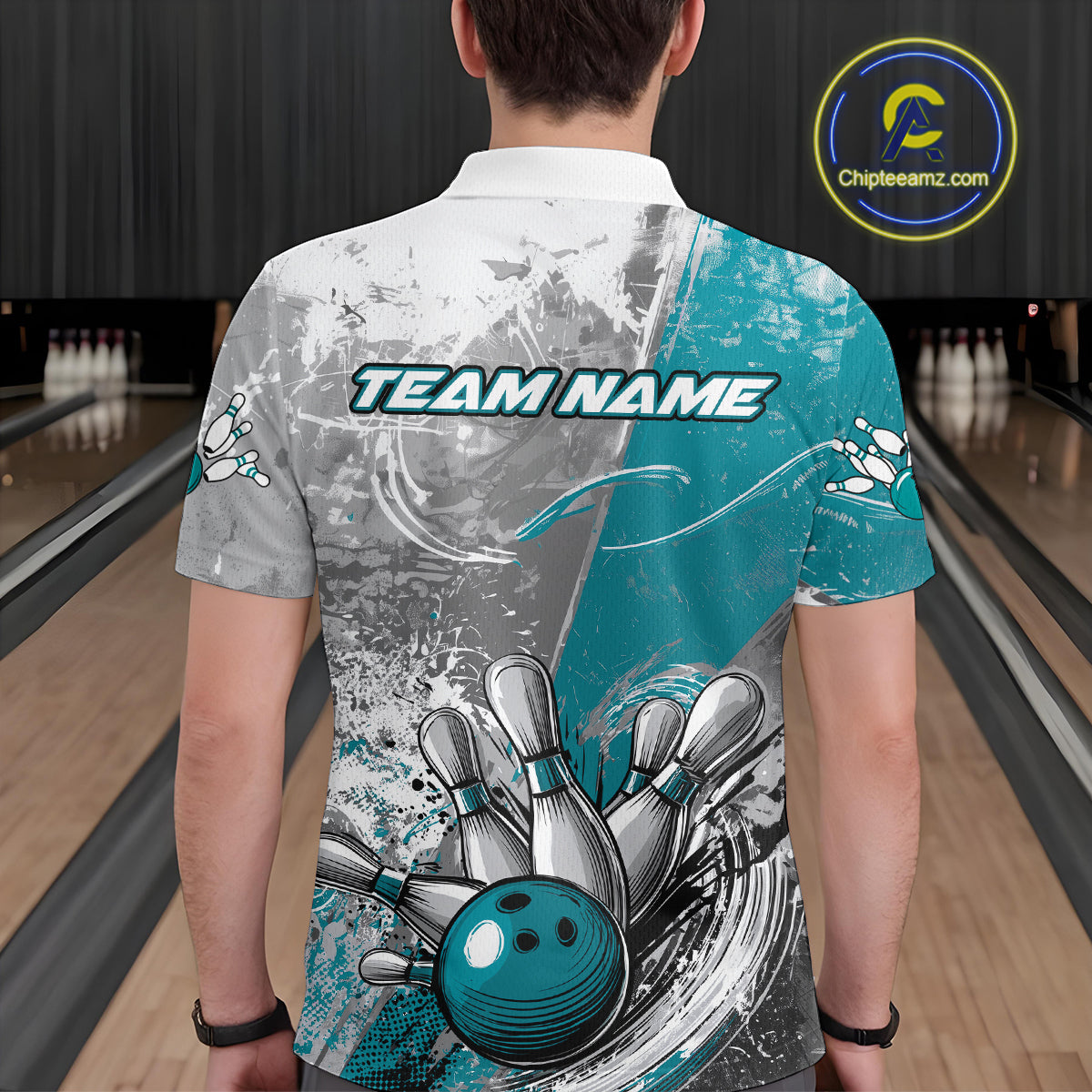 Custom Grunge Blue Bowling Polo Shirts For Men, Distressed Vintage Bowling Team Shirts IPHW9551