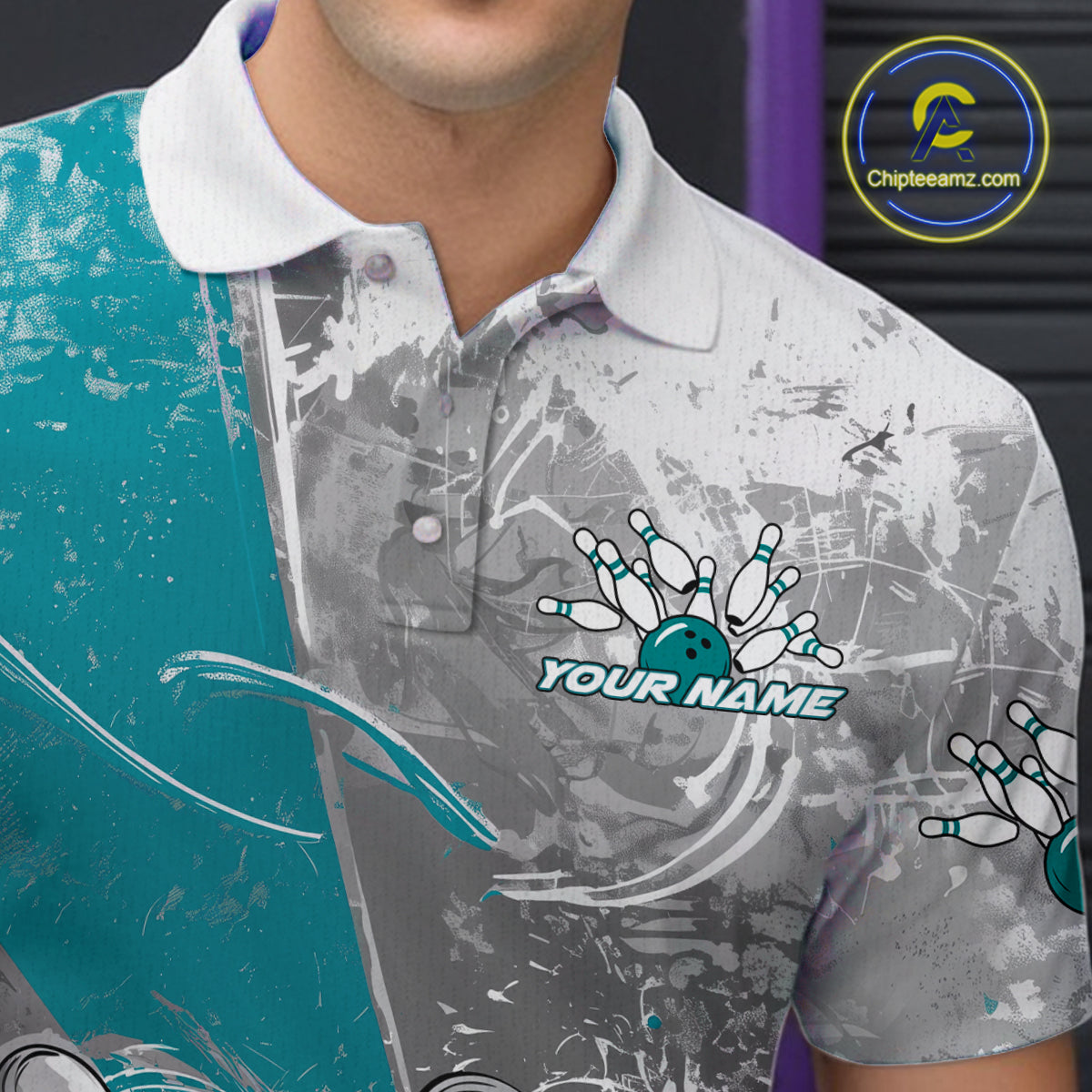 Custom Grunge Blue Bowling Polo Shirts For Men, Distressed Vintage Bowling Team Shirts IPHW9551