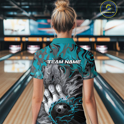 Custom Blue Fame Bowling Team Quarter-Zip Shirts For Women, Fire Bowling Jerseys IPHW9560