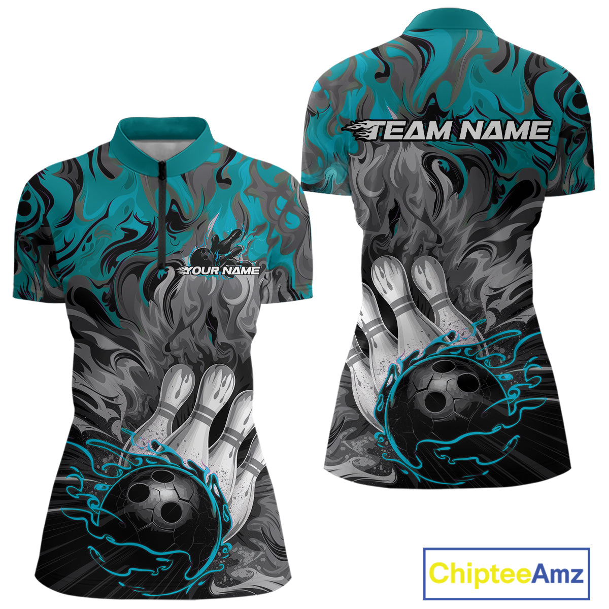 Custom Blue Fame Bowling Team Quarter-Zip Shirts For Women, Fire Bowling Jerseys IPHW9560