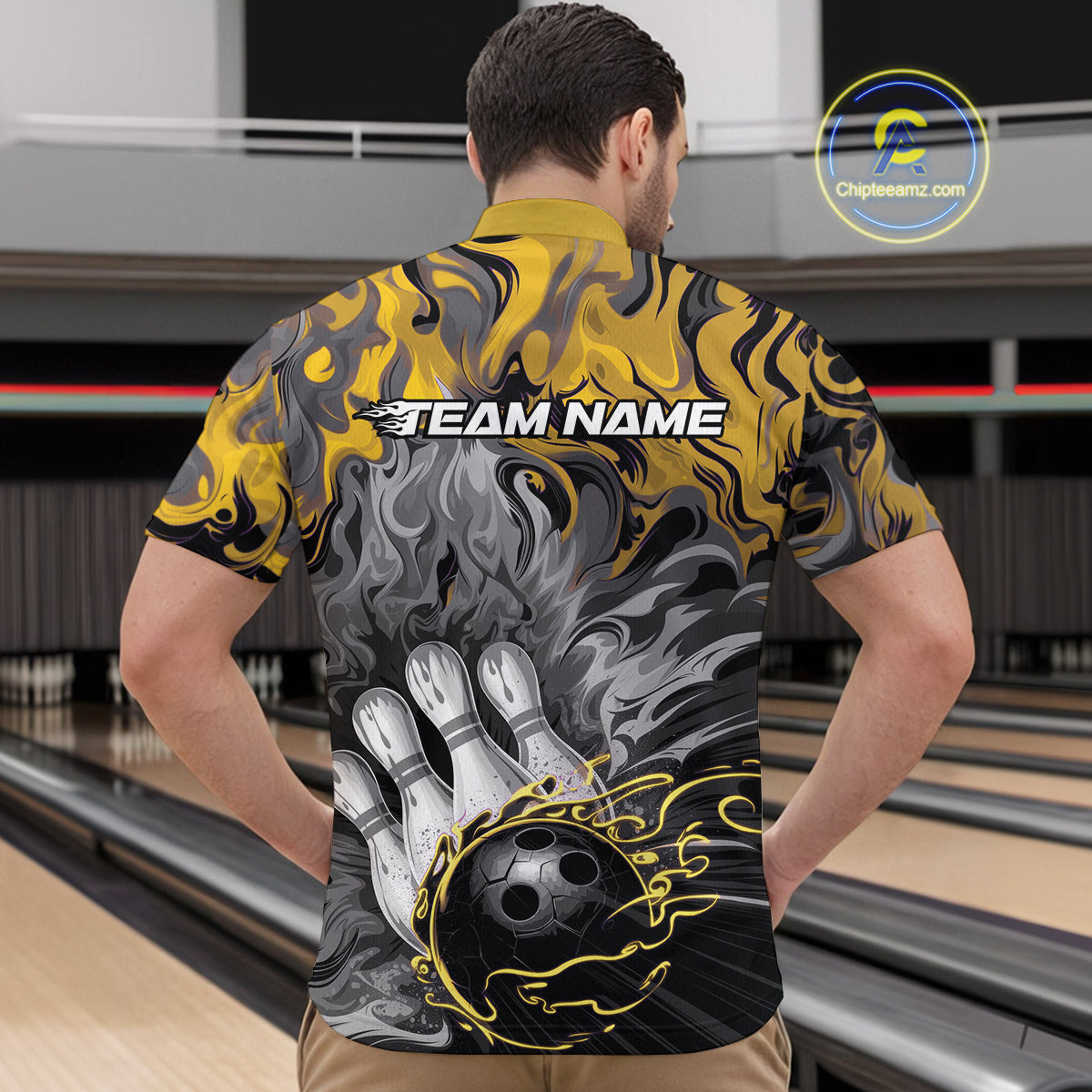 Custom Yellow Fame Bowling Team Quarter-Zip Shirts For Men, Fire Bowling Jerseys IPHW9562