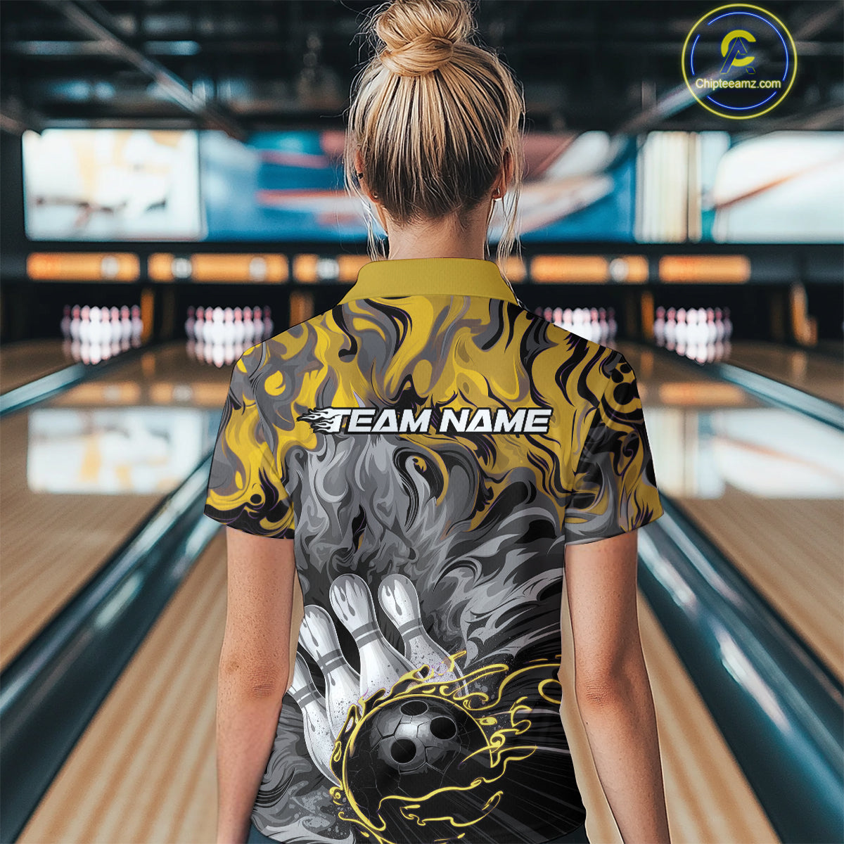 Custom Yellow Fame Bowling Team Quarter-Zip Shirts For Women, Fire Bowling Jerseys IPHW9562