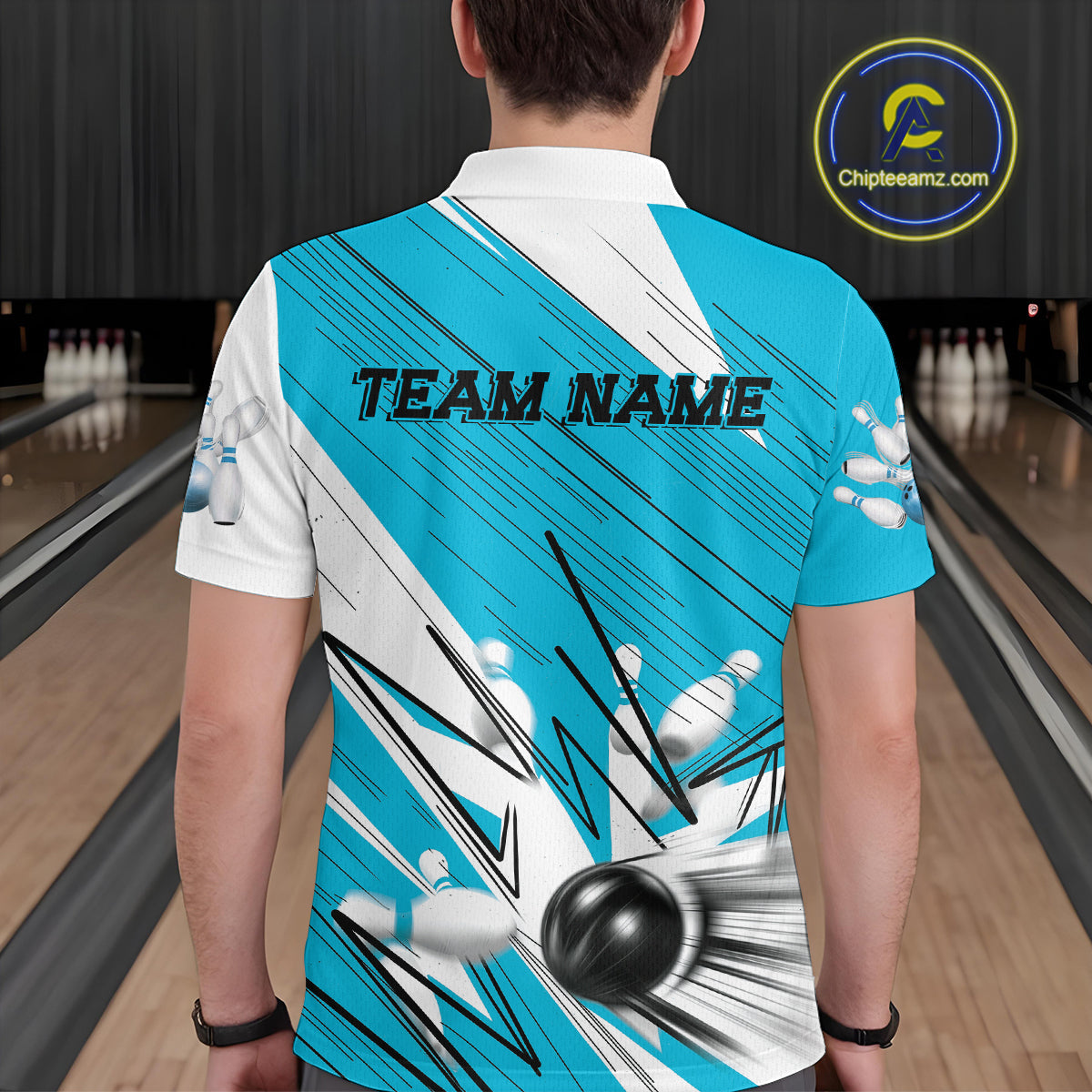 Custom White And Blue Bowling Team Men Polo Shirts, Bowling Ball And Pins Jerseys IPHW9600