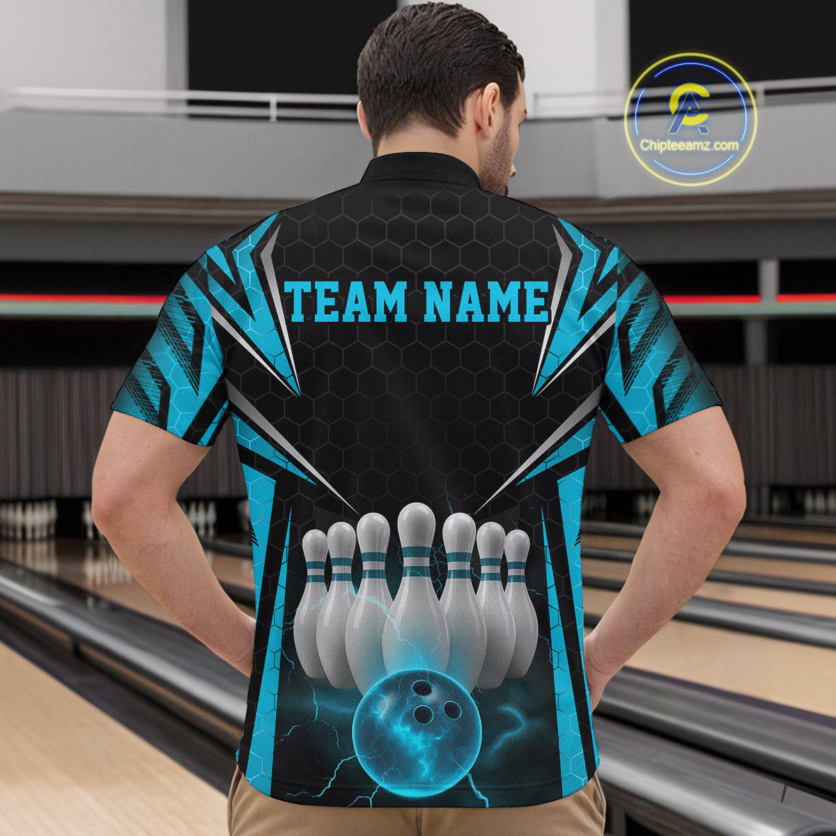 Custom Black And Blue Bowling Team Jerseys, Bowler Uniform Bowling Quarter-Zip Shirts For Men IPHW9284