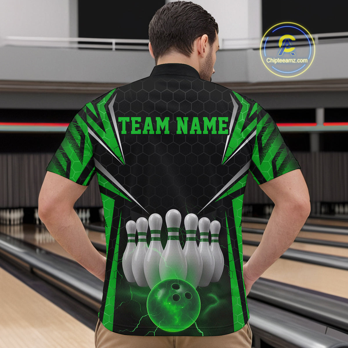 Custom Black And Green Bowling Team Jerseys, Bowler Uniform Bowling Quarter-Zip Shirts For Men IPHW9285