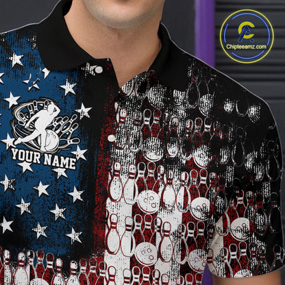 Custom Patriotic US Flag Bowling Men Polo Team Shirts, American Bowling League Shirt IPHW9325