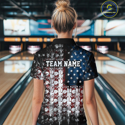 Custom Patriotic US Flag Bowling Women Polo Team Shirts, American Bowling League Shirt IPHW9325