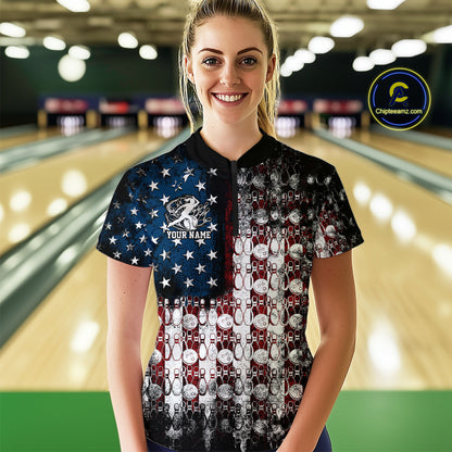 Custom Patriotic US Flag Bowling Women Quarter-Zip Team Shirt, Bowling League Shirt IPHW9325