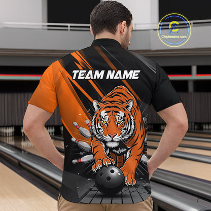 Custom Tiger Bowling Team Quarter-Zip Shirts For Men, Bowling Tournament Outfit IPHW9096