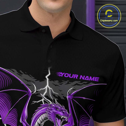 Custom Purple Dragon On The Lane Bowling Polo Shirts For Men, Dragon Bowling Team Shirt IPHW9102