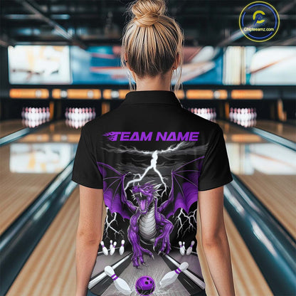 Custom Purple Dragon On The Lane Bowling Polo Shirts For Women, Dragon Bowling Team Shirt IPHW9102