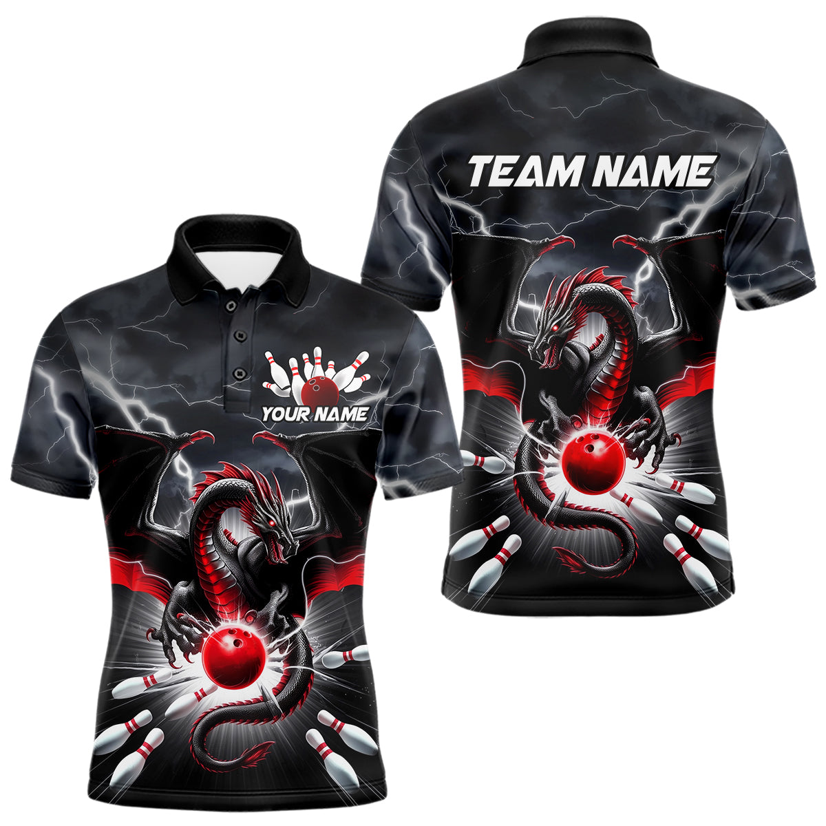 Custom Thunder Lightning Red Dragon Bowling Team Polo Shirts For Men, Bowling Jerseys IPHW9110