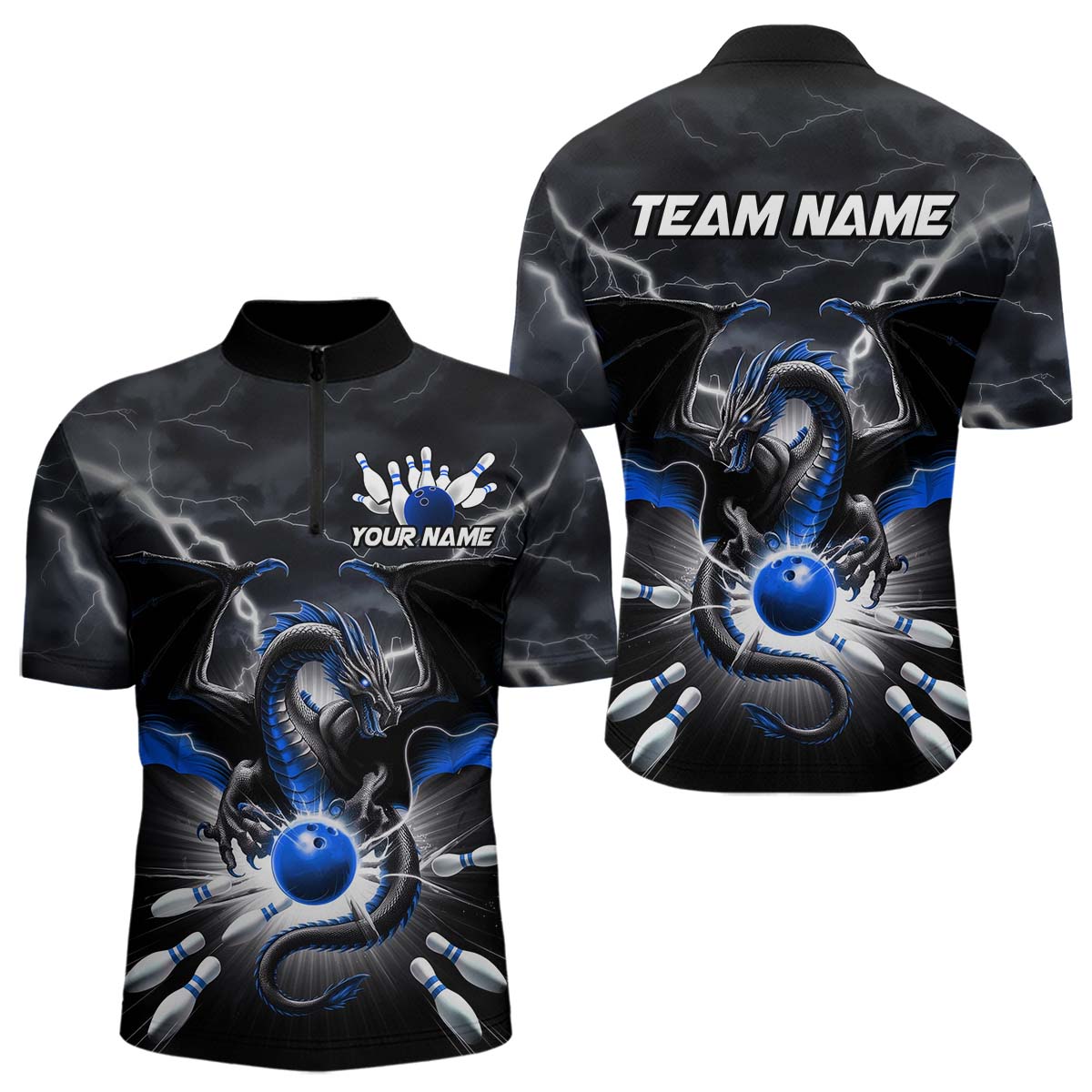 Custom Thunder Lightning Blue Dragon Bowling Team Quarter-Zip Shirts For Men, Bowling Jerseys IPHW9111