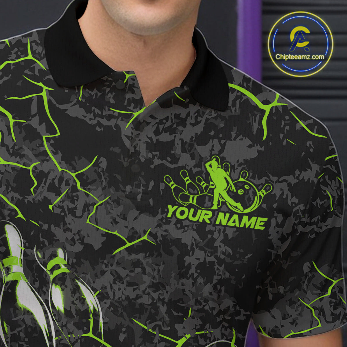 Custom Black And Green Camo Bowling Team Polo Shirts For Men, Bowling League Shirt IPHW9372