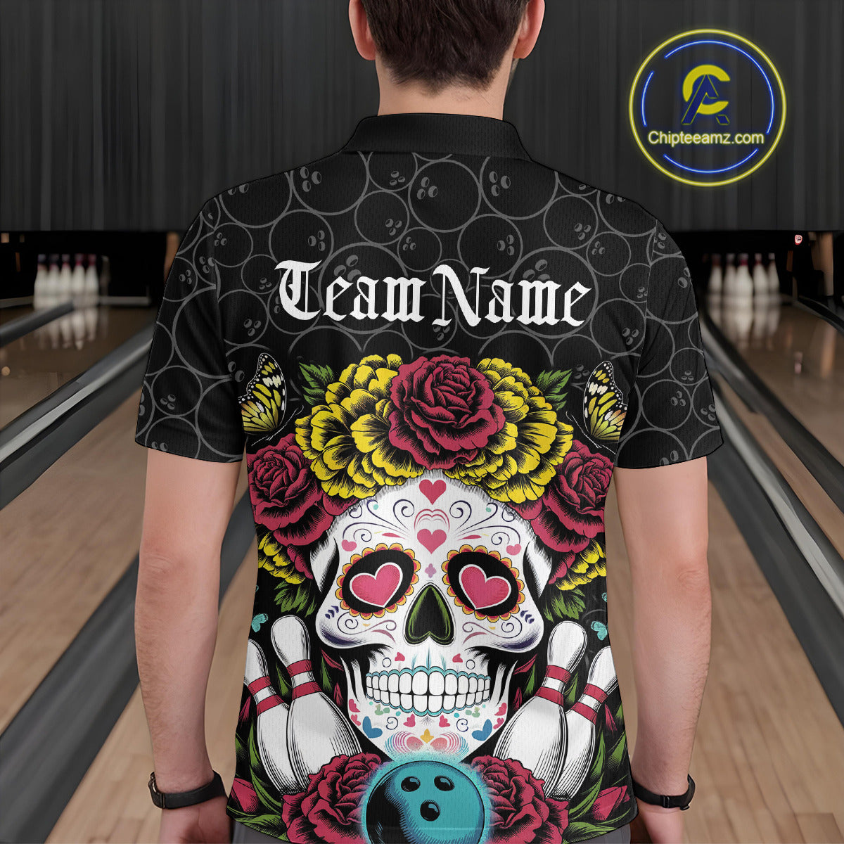 Custom Flower Sugar Skull Bowling Team Polo Shirts For Men, Halloween Bowler Outfit IPHW9750
