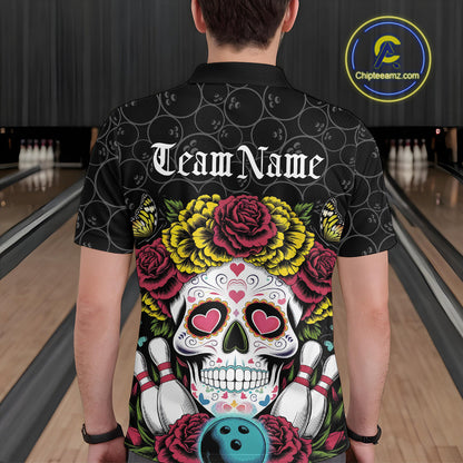 Custom Flower Sugar Skull Bowling Team Polo Shirts For Men, Halloween Bowler Outfit IPHW9750