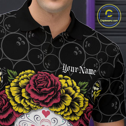 Custom Flower Sugar Skull Bowling Team Polo Shirts For Men, Halloween Bowler Outfit IPHW9750