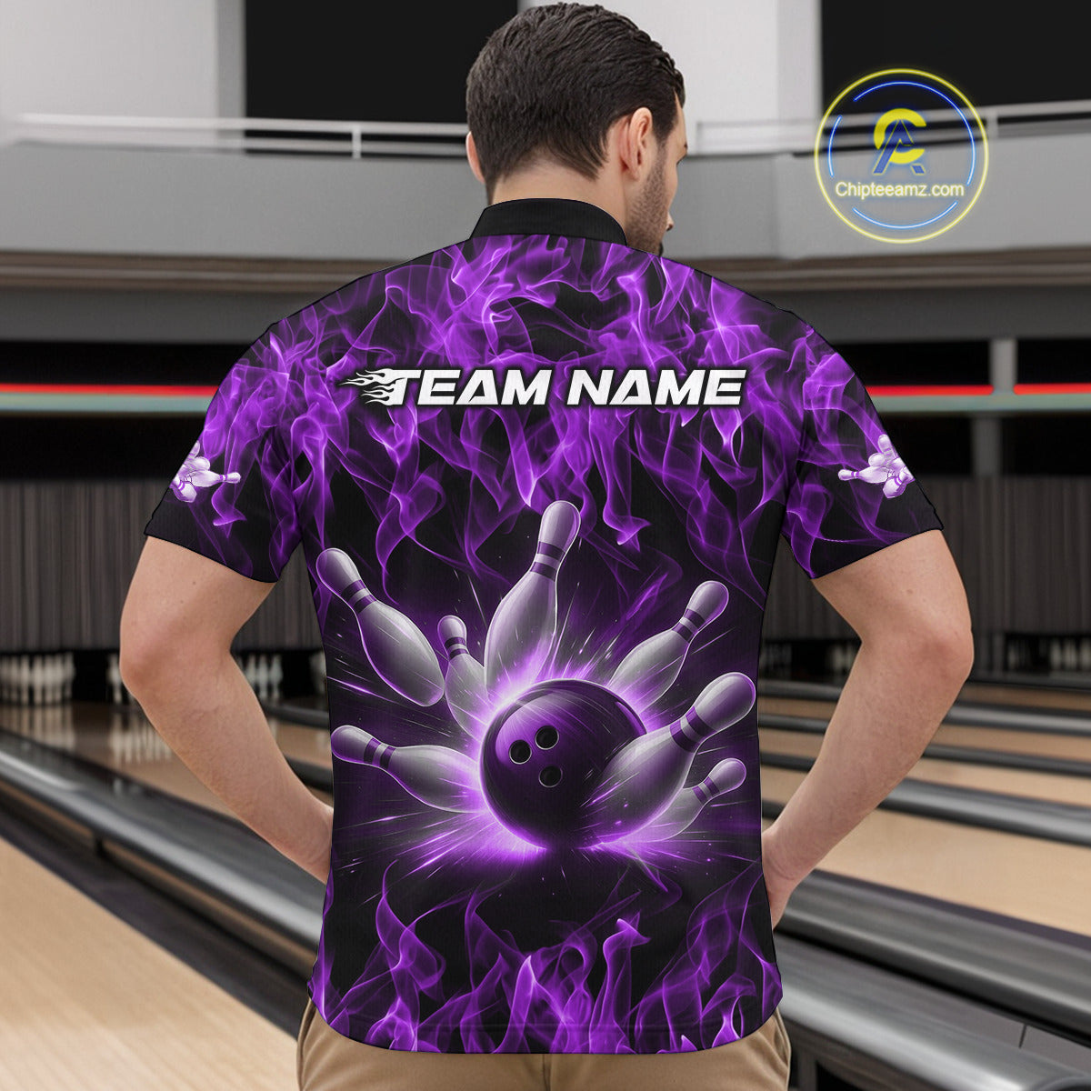 Custom Black And Purple Flame Bowling Team Men Quarter-Zip Shirts, Bowling Tournament Shirt IPHW9756