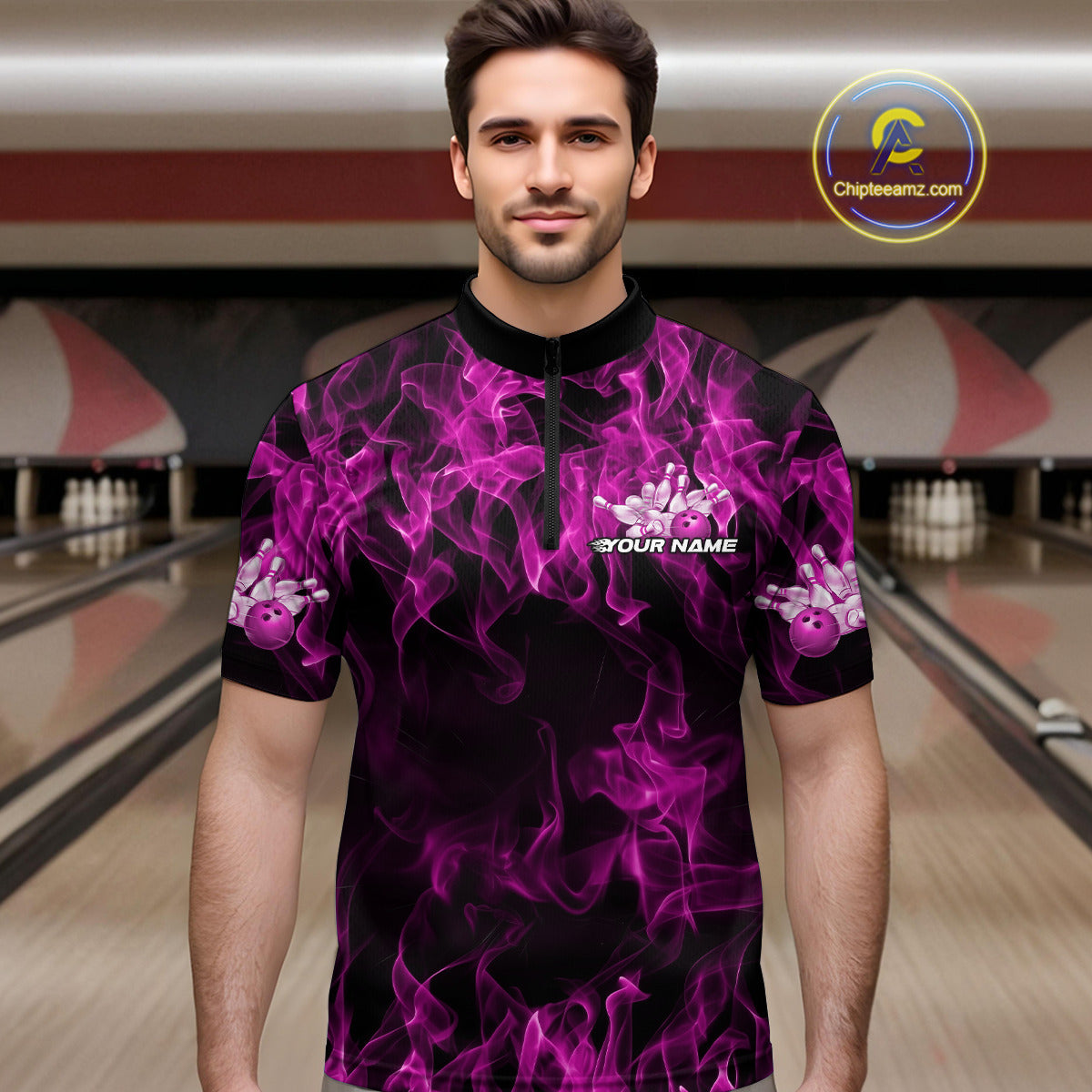 Custom Black And Pink Flame Bowling Team Men Quarter-Zip Shirts, Bowling Tournament Shirt IPHW9757