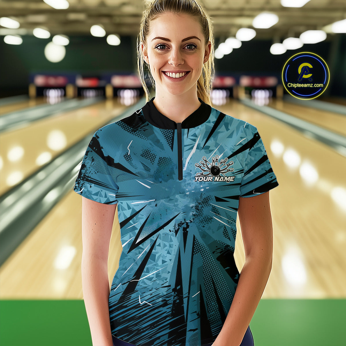 Custom Blue Camouflage Bowling Team Women Quarter-Zip Shirts, Bowling League Shirt IPHW9385
