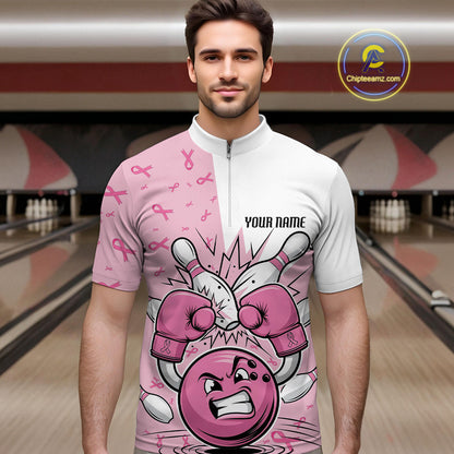 Custom Funny Pink Breast Cancer Bowling Men Quarter-Zip Shirt, Breast Cancer Fighter Jerseys IPHW9394