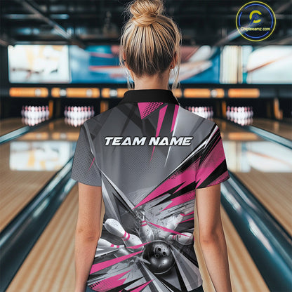 Custom Pink And Gray Bowling Women Quarter-Zip Shirts, Bowler Outfit Bowling League Shirt IPHW9558