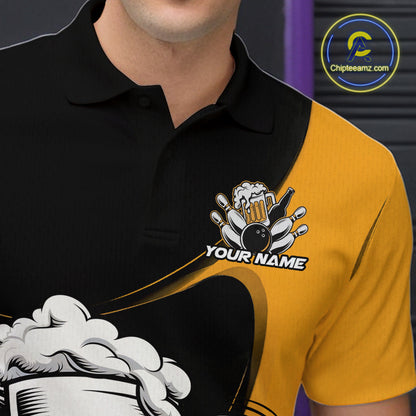 Custom Funny Black And Yellow Bowling And Beer Polo Shirts For Men, Bowling League Shirt IPHW9609