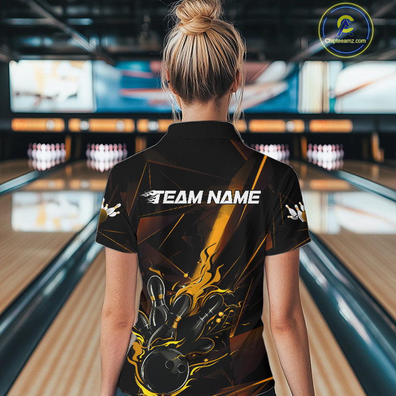 Custom Black And Gold Flame Bowling Team Women Quarter-Zip Shirts, Fire Bowling Jerseys IPHW9614