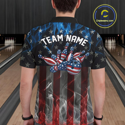 Custom Red And Blue Flame American Flag Patriotic Bowling Men Polo Shirts, Team Uniform IPHW9715
