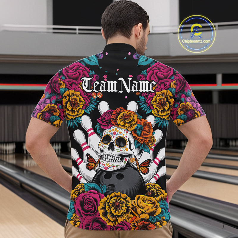 Custom Flower Sugar Skull Bowling Team Quarter-Zip Shirts For Men, Halloween Bowler Outfit IPHW9749