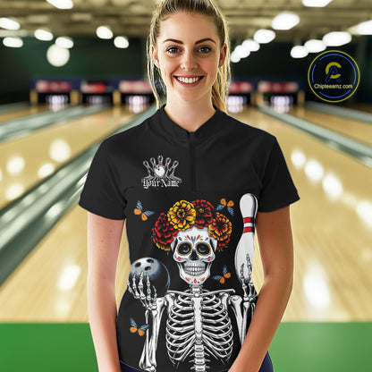 Custom Sugar Skull Bowling Team Women Quarter-Zip Shirts, Funny Halloween Bowling Outfit IPHW9752
