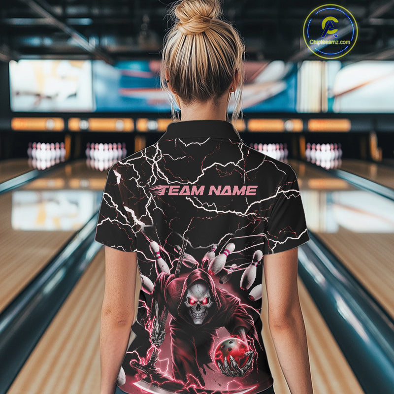 Custom Black And Red Lightning Grim Reaper Bowling Women Polo Shirt, Halloween Outfit IPHW9802