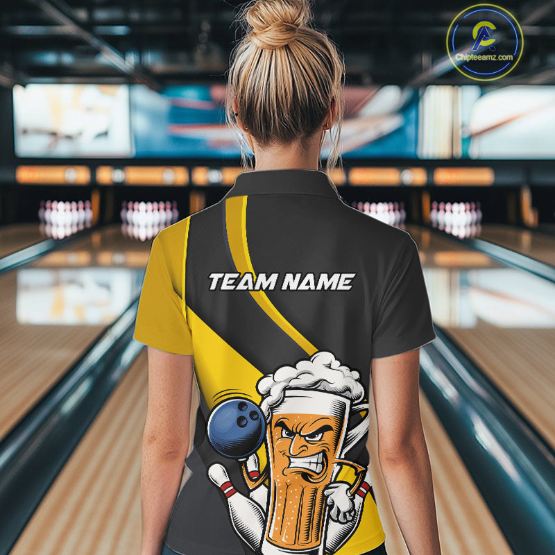 Custom Grunge Yellow Funny Bowling And Beer Women Quarter-Zip Shirt, Bowling Team Uniform IPHW9608