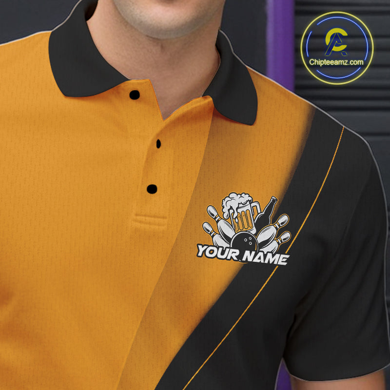 Custom Yellow Funny Bowling Men Polo Shirts, Bowling And Beer Party Bowlers Outfit IPHW9610