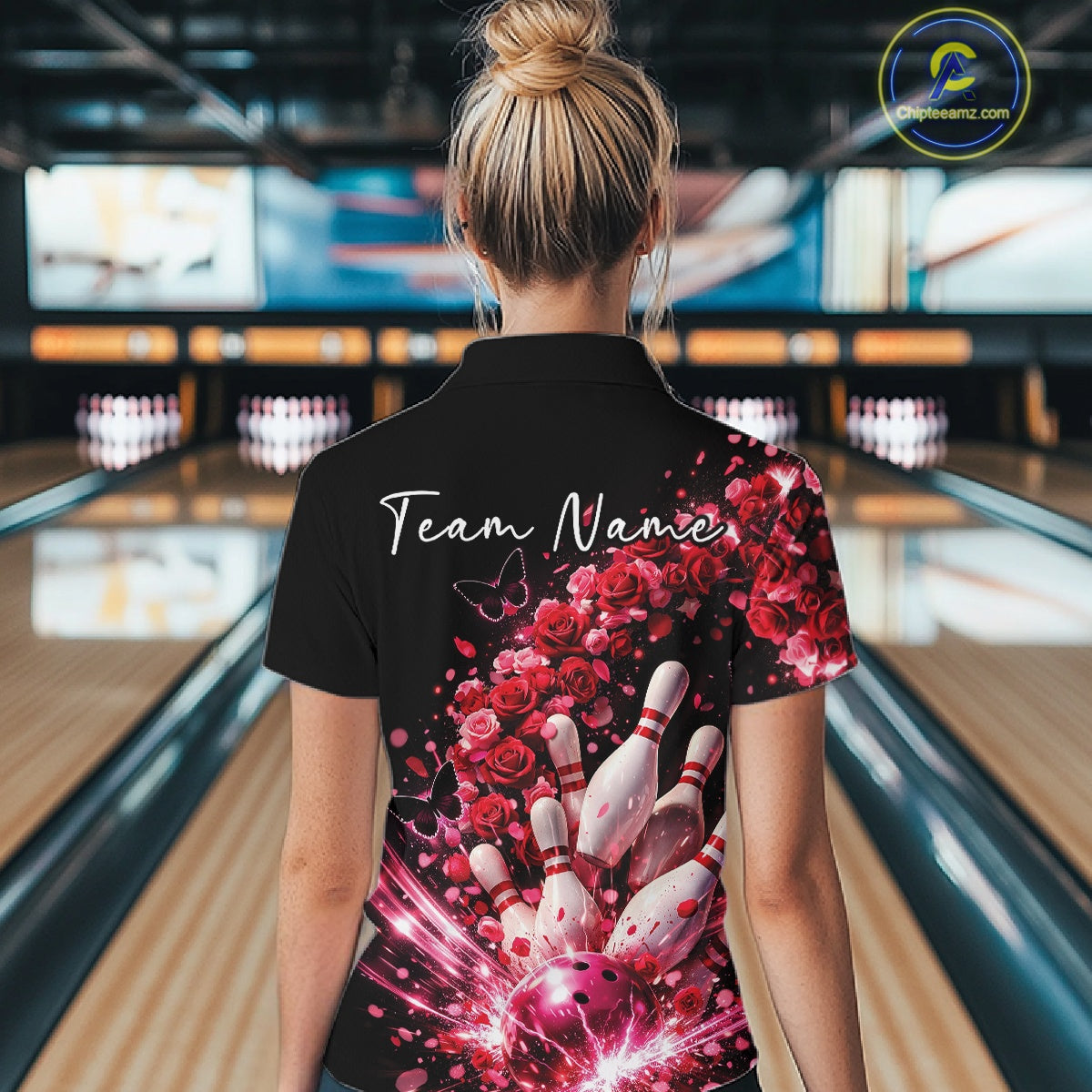 Custom Red Roses And Butterfly Women Bowling Shirt, Flower Ladies Bowling League Shirt IPHW10884