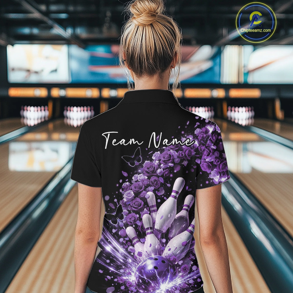Custom Purple Roses And Butterfly Women Bowling Shirt, Flower Ladies Bowling Shirt IPHW10886