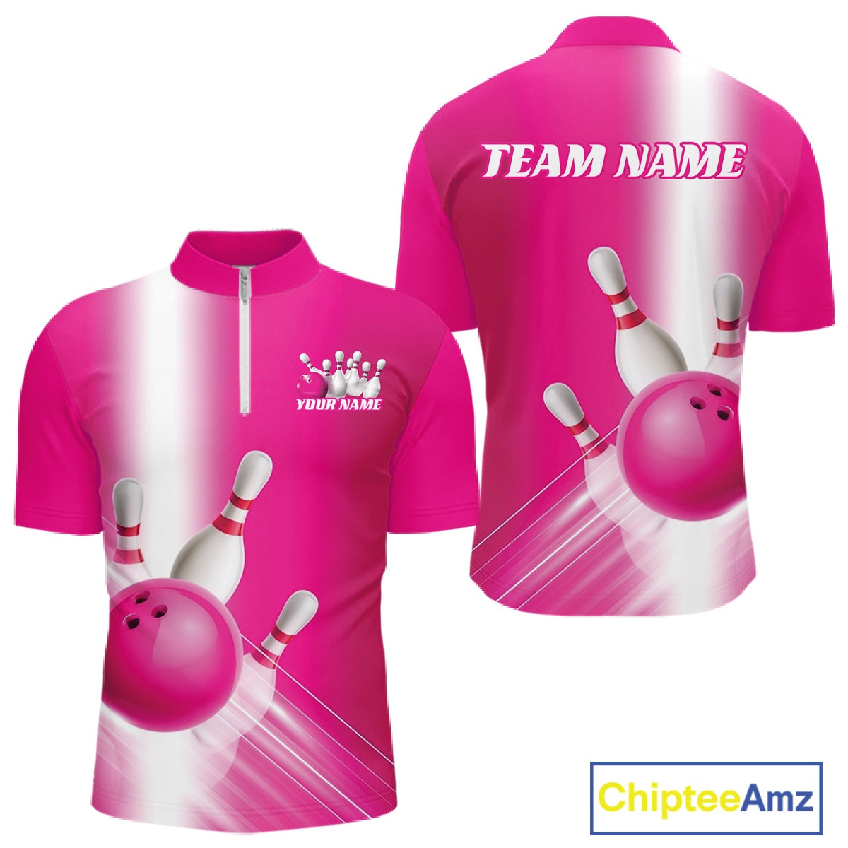 Front and back men’s bowling quarter zip shirt mockup featuring bowling ball and pins graphics flowing through a pink gradient design.