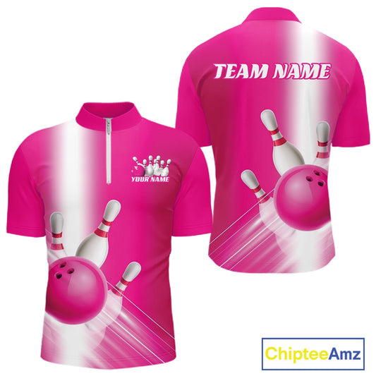 Front and back men’s bowling quarter zip shirt mockup featuring bowling ball and pins graphics flowing through a pink gradient design.