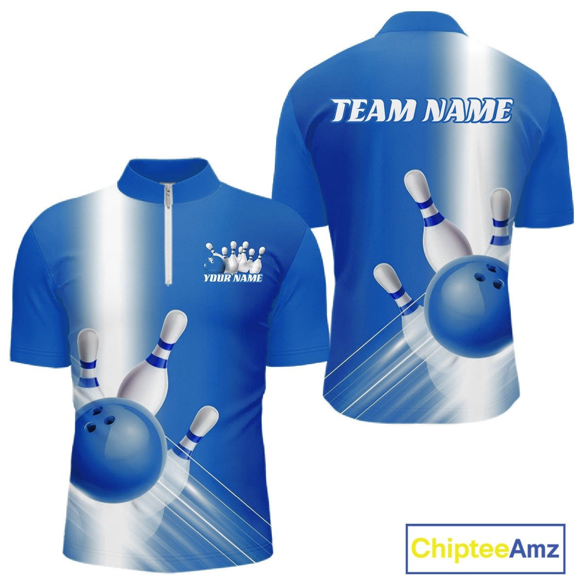 Front and back men’s bowling quarter zip shirt mockup with bowling ball and pins artwork flowing through a blue gradient layout.