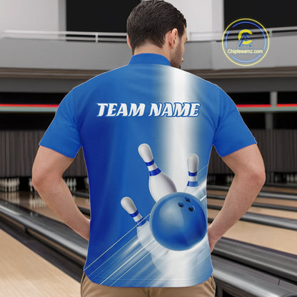 Male model front view at the bowling lane wearing a bowling quarter zip shirt with bowling ball and pins flowing across a blue gradient design.