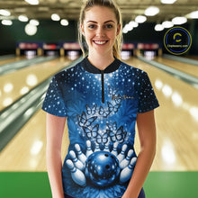 Load image into Gallery viewer, Custom Blue Buttefly Ladies Bowling Team Shirt, Women Bowling Quarter-Zip Shirt IPHW10920