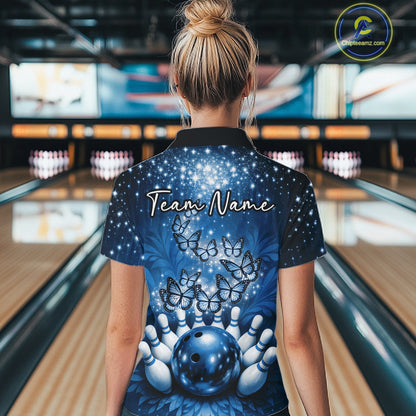 Custom Blue Buttefly Ladies Bowling Team Shirt, Women Bowling Quarter-Zip Shirt IPHW10920