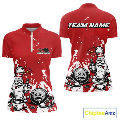Women’s quarter zip bowling shirt mockup in red and white splatter background, funny bowling pin holding beer bottle and bowling ball artwork