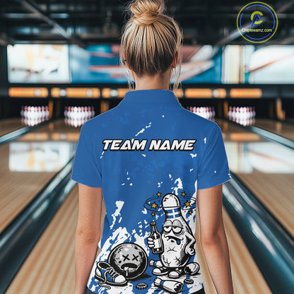 Back view female model wearing blue and white quarter zip bowling shirt in bowling lane, humorous bowling pin with beer bottle graphic