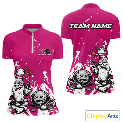 Women’s quarter zip bowling shirt mockup in pink and white with splatter background, funny bowling pin drinking beer holding bowling ball illustration