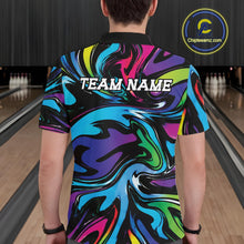 Load image into Gallery viewer, Person wearing a colorful bowling shirt with 'TEAM NAME' text in a bowling alley.