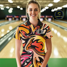 Load image into Gallery viewer, Woman wearing a colorful bowling shirt with a logo in a bowling alley.
