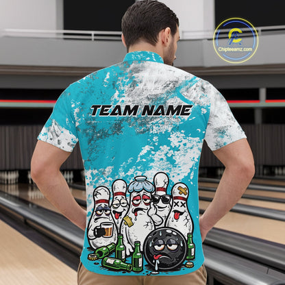 Male model at a bowling lane wearing turquoise blue and white quarter zip shirt, front view featuring cartoon bowling pins and beer bottle themed bowling illustration