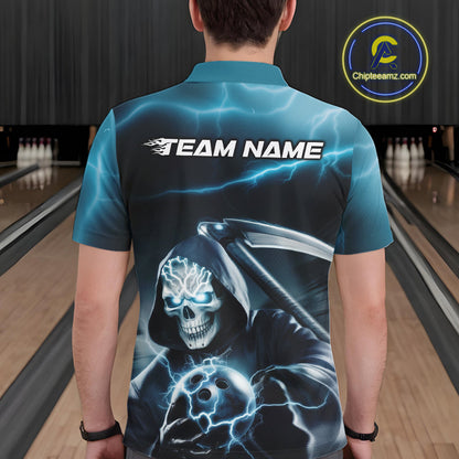 Custom Blue Lightning Grim Reaper Bowling Polo Shirts For Men, Halloween Bowling Jerseys IPHW9843