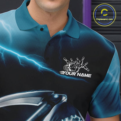 Custom Blue Lightning Grim Reaper Bowling Polo Shirts For Men, Halloween Bowling Jerseys IPHW9843